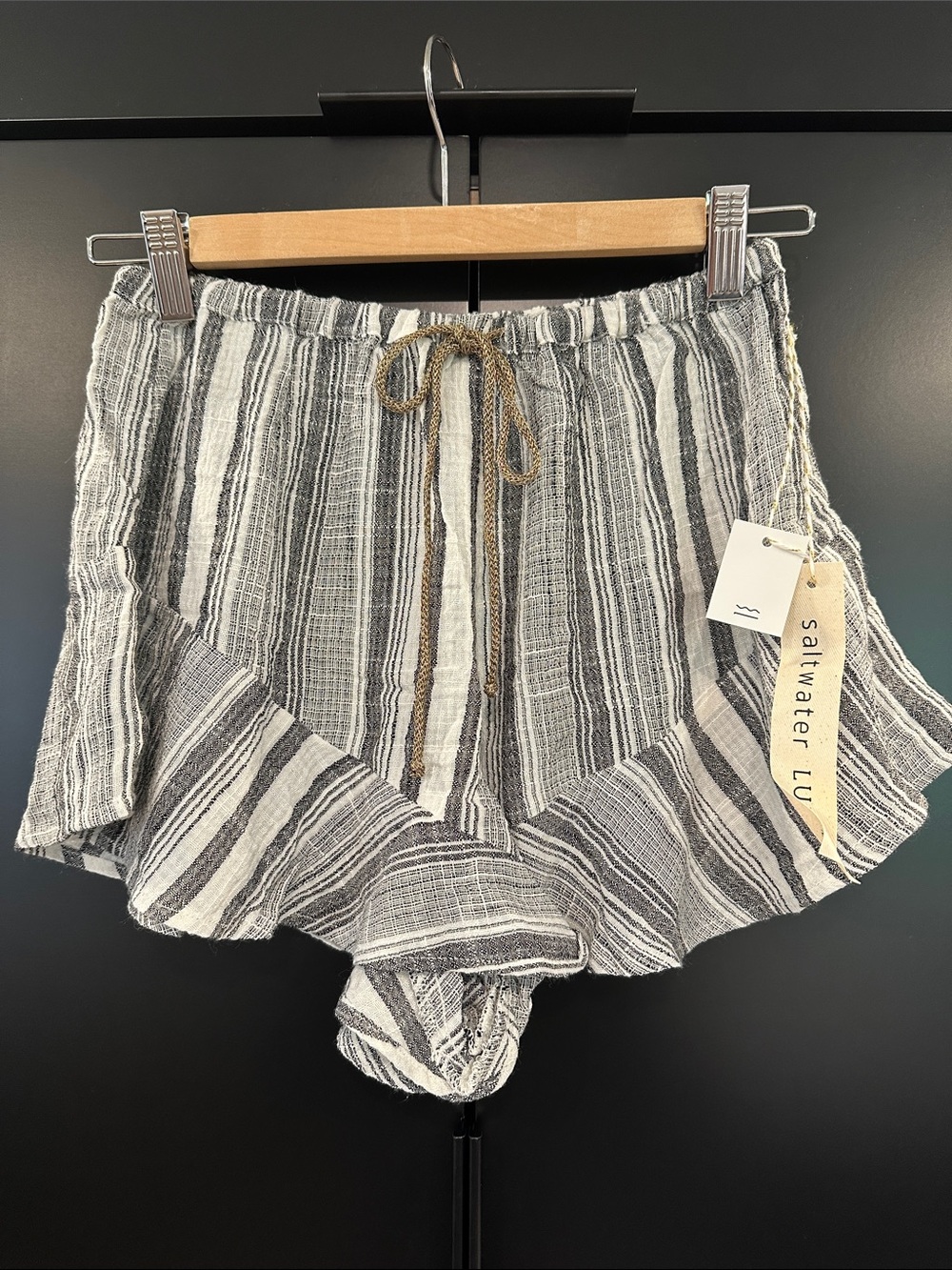 Saltwater Luxe Anthropologie Striped Ruffle Shorts Grey Drawstring NEW Small